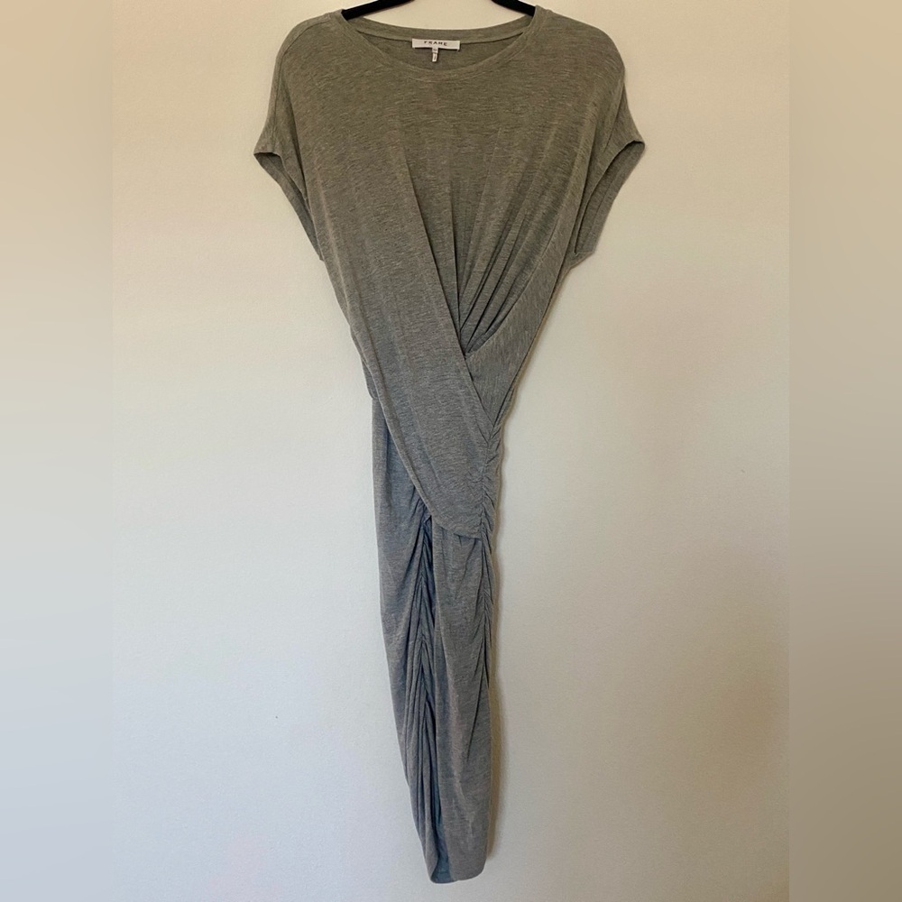 Frame Shirred Muscle Tee Shirt Dress Gris Heather Ruched Midi Stretchy Y2K Style - Picture 2 of 8